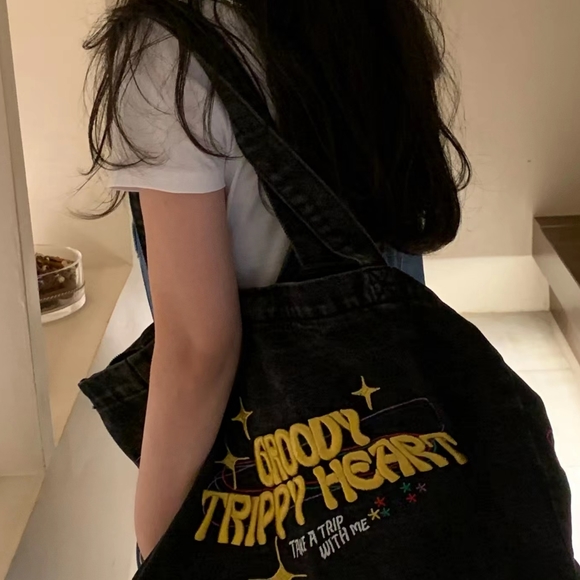 Oversized Denim Smoke Grey Embroidered  Canvas Bag Messager Bag with Zipper - Picture 13 of 13